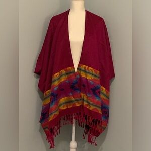 INKA KIMONO PONCHO SCARF. Fuchsia or a deep red 100 % wool,  handmade.